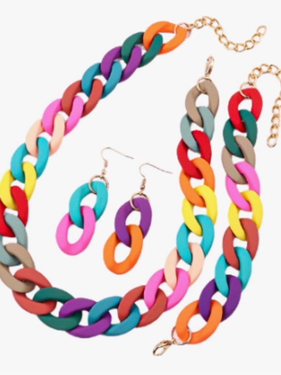 Jewelry - 3PC Multicolor Link Chain Necklace & Earring Set